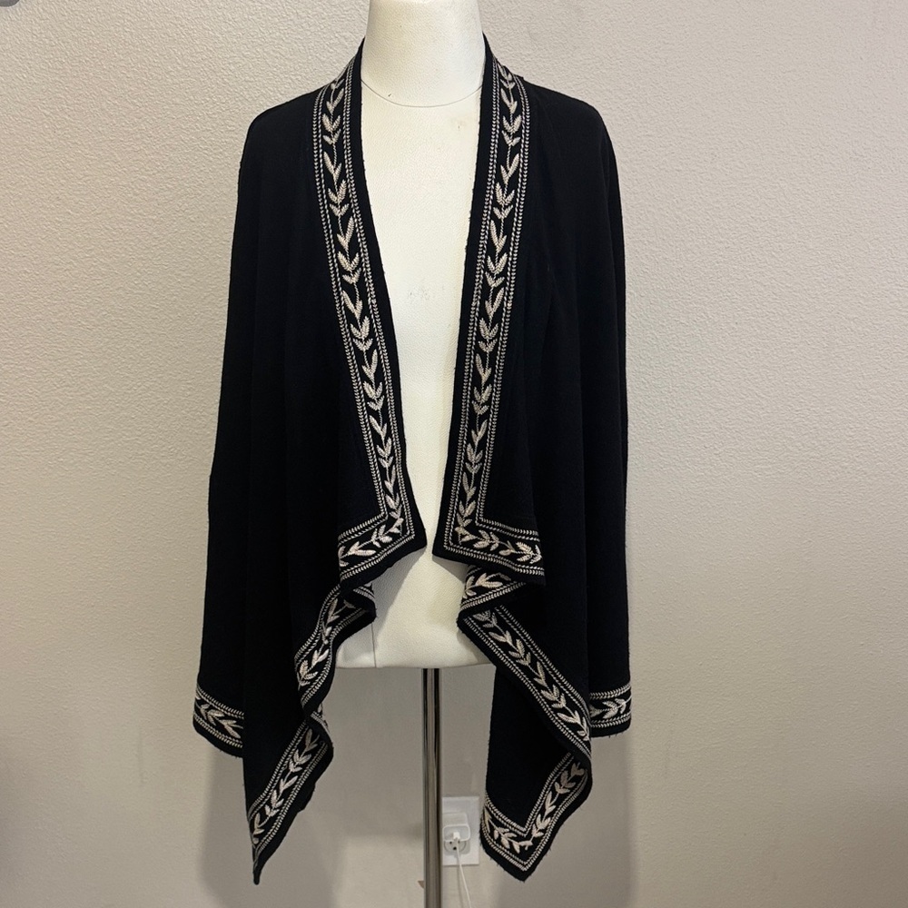 Johnny Was Drape Black Open Cardigan with Embroidered Edges Boho Wool & Cashmere